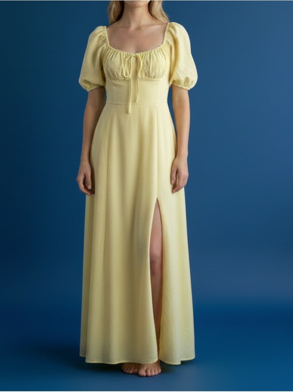 Elegant Yellow Maxi Dress with Puff Sleeves M
